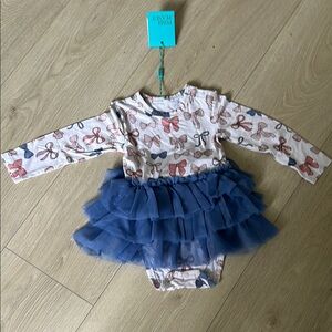 Long Sleeve Bow Print Baby Dress with Tulle Skirt